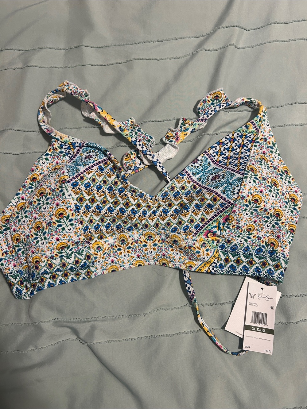 Jessica Simpson Multi-Color Printed Bikini Top - Blue, Yellow, Green